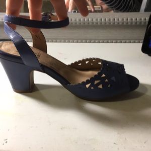 Blue heels, wrap around ankle.